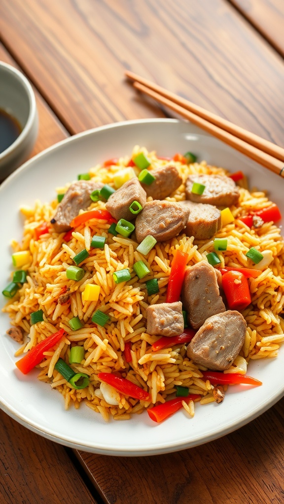 A plate of pork fried rice with vegetables, pork, and green onions, served with chopsticks.